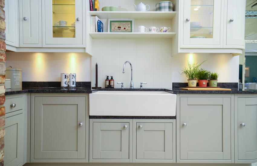 country kitchen with sage cupboards